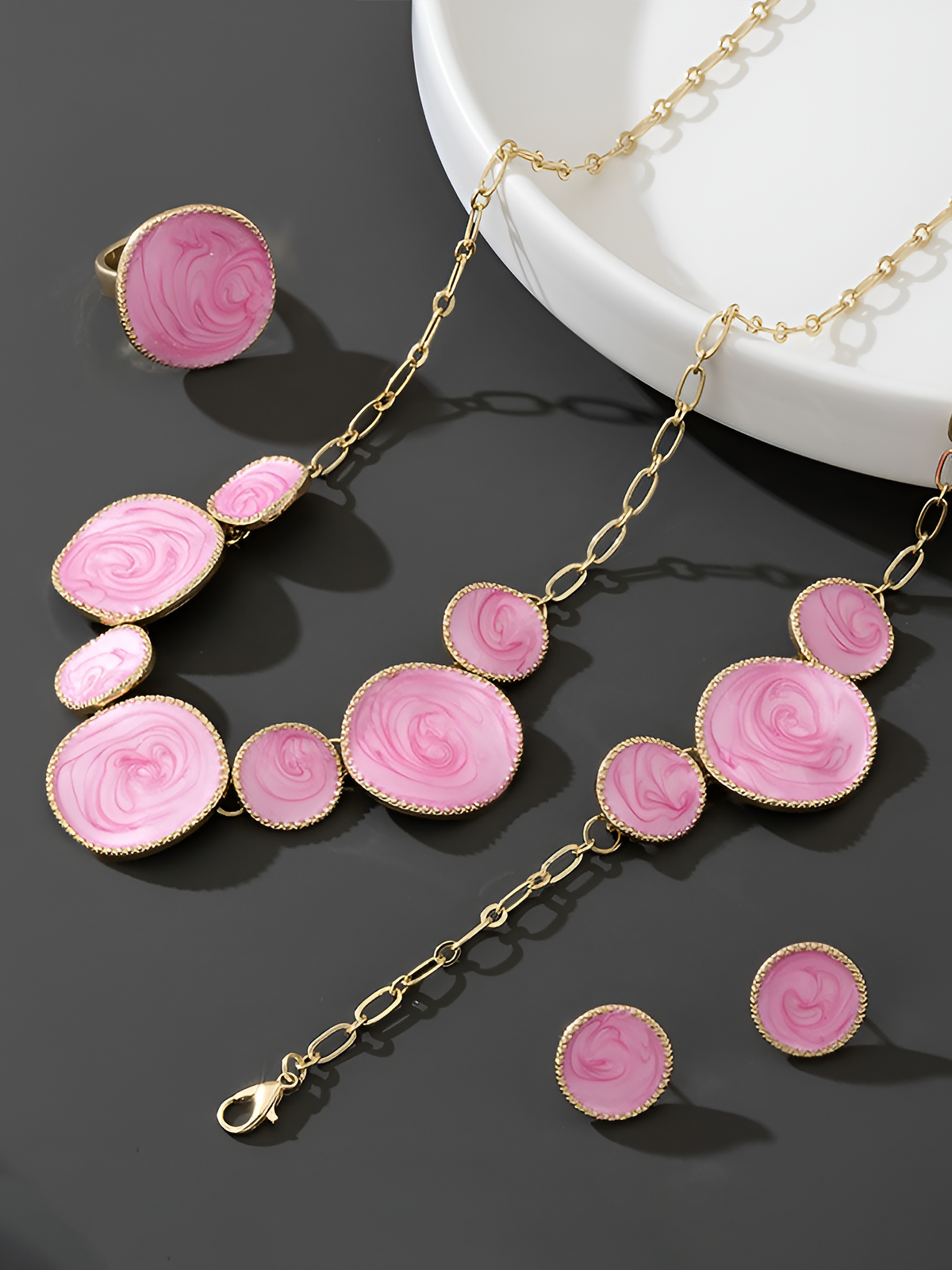 4 Pcs Irregular Round Shape Bracelet Necklace Earrings Ring Set