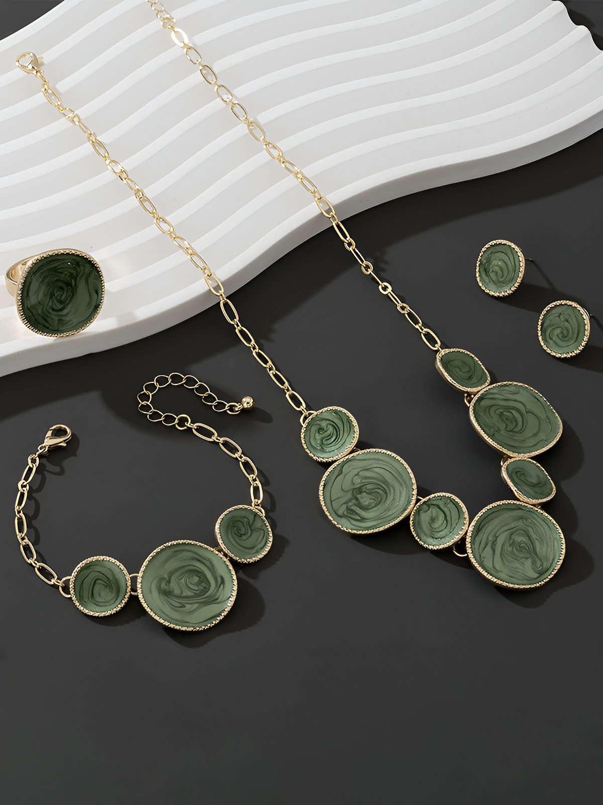 4 Pcs Irregular Round Shape Bracelet Necklace Earrings Ring Set