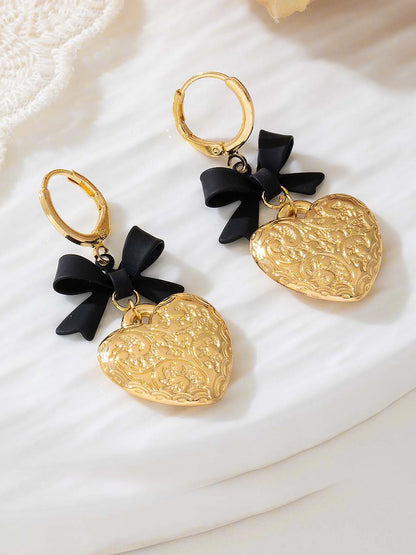 Bow Alloy Heart Shape Pendant Huggie Earrings
