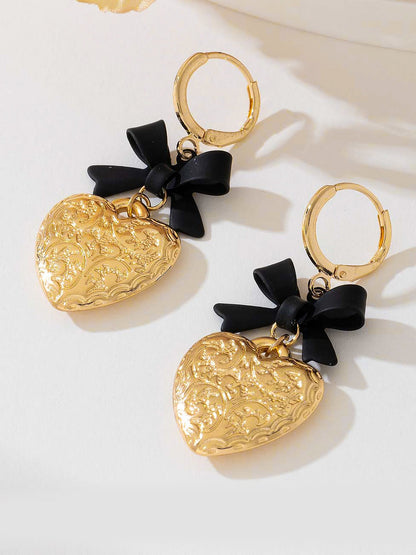 Bow Alloy Heart Shape Pendant Huggie Earrings
