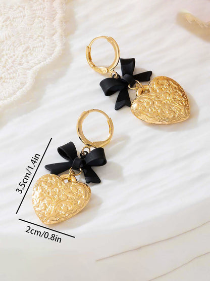 Bow Alloy Heart Shape Pendant Huggie Earrings