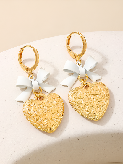 Bow Alloy Heart Shape Pendant Huggie Earrings