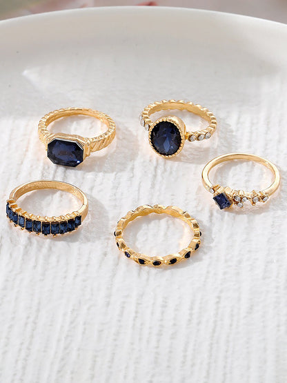 5 Pcs Faux Rhinestone Alloy Rings Set