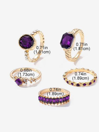 5 Pcs Faux Rhinestone Alloy Rings Set