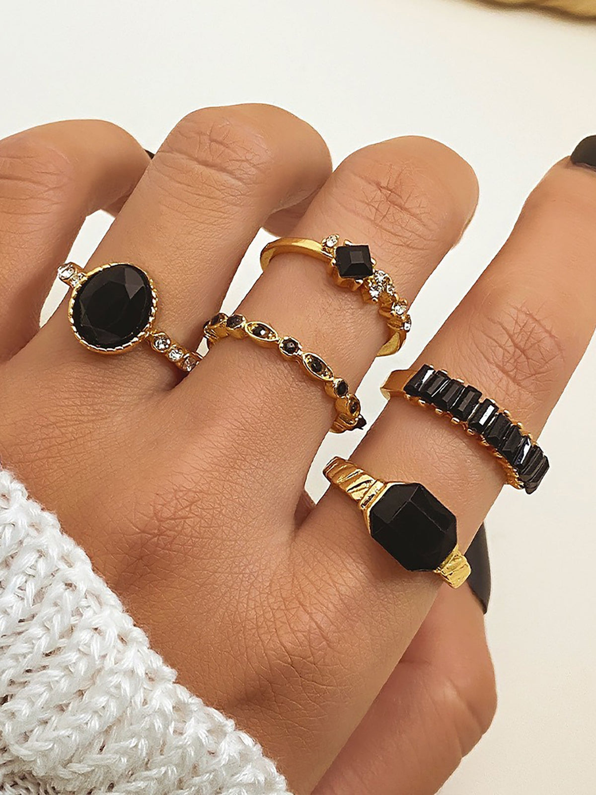 5 Pcs Faux Rhinestone Alloy Rings Set