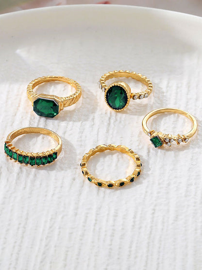5 Pcs Faux Rhinestone Alloy Rings Set