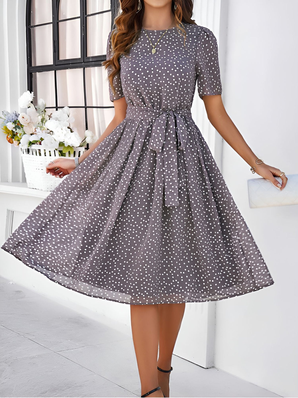 Casual Polka Dot Lace-Up Midi A-Line Dress