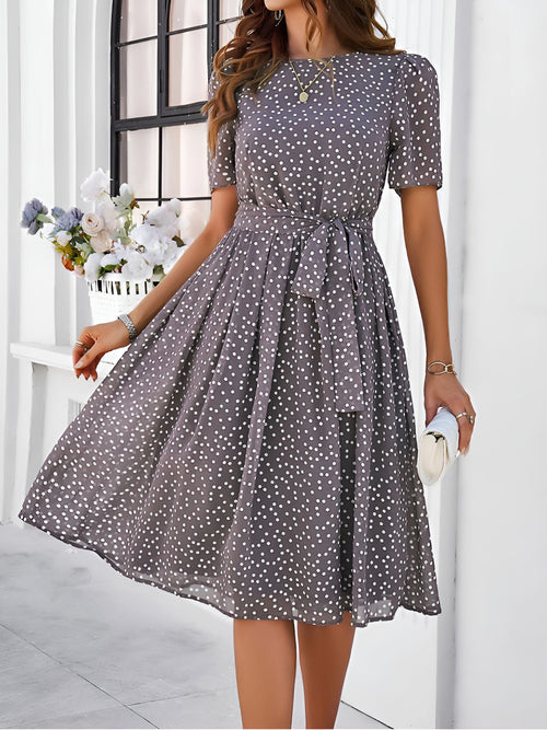 Casual Polka Dot Lace-Up Midi A-Line Dress