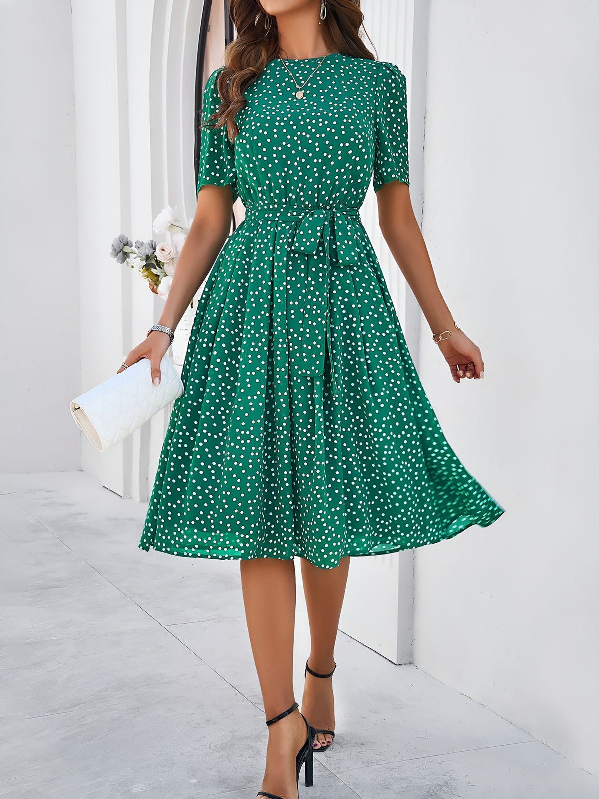 Casual Polka Dot Lace-Up Midi A-Line Dress