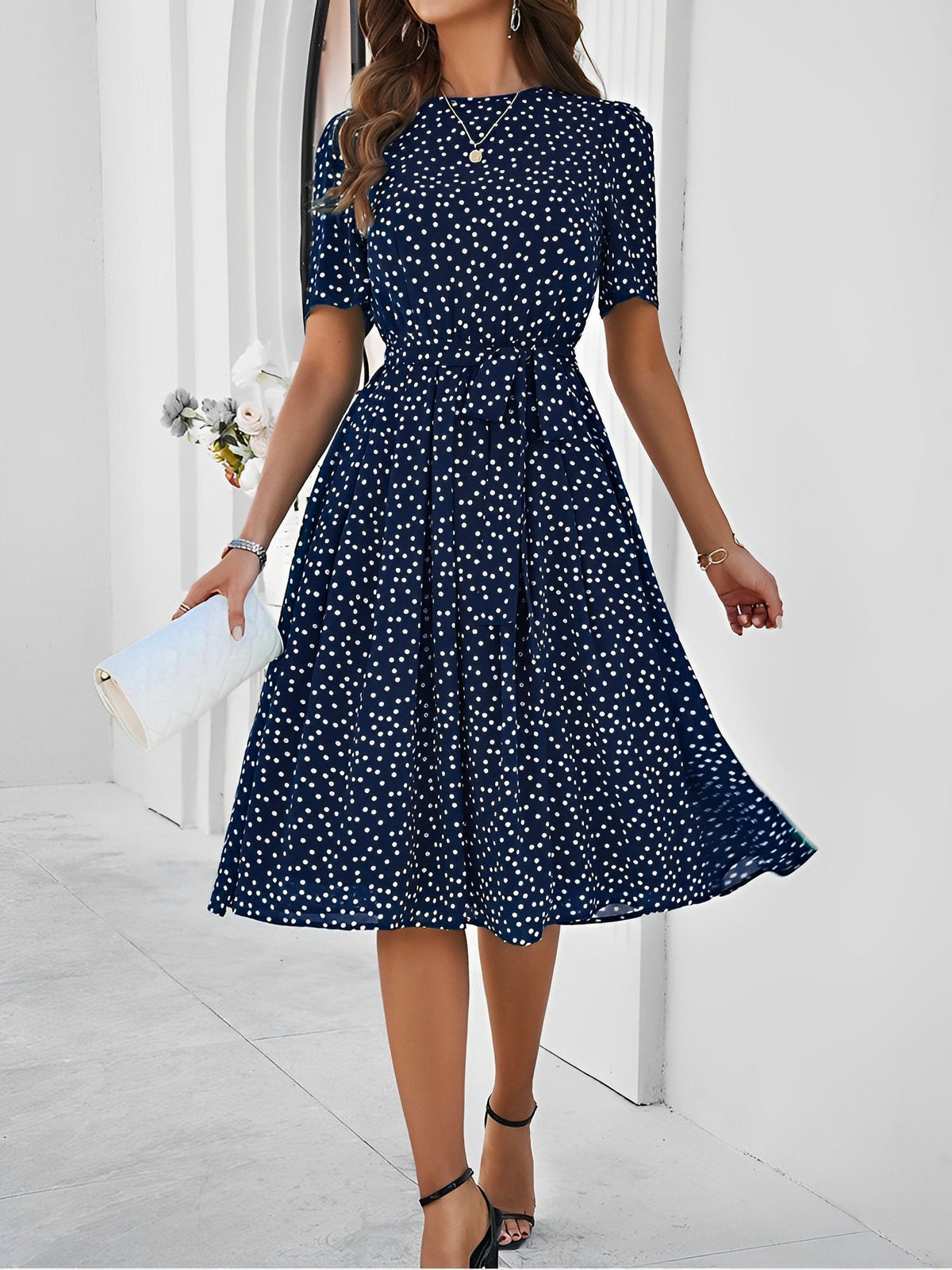 Casual Polka Dot Lace-Up Midi A-Line Dress