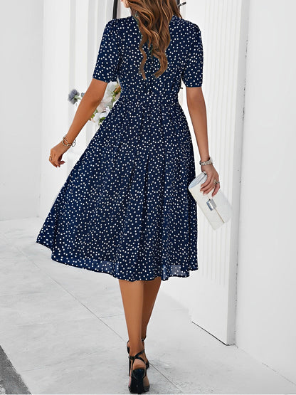 Casual Polka Dot Lace-Up Midi A-Line Dress