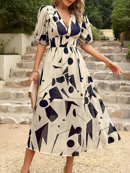 Deep V Neck Puff Sleeves Graphic A-Line Midi Dress
