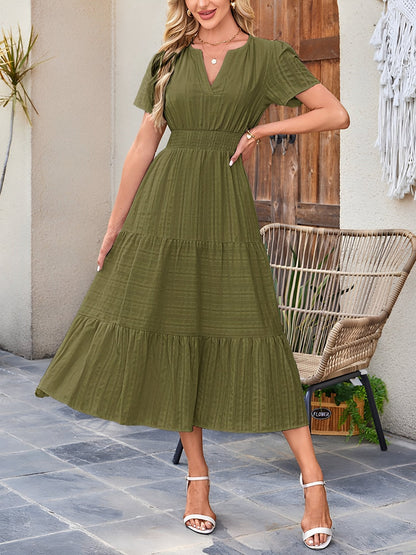 Women's Casual Notch Neck Puff Sleeve Smocked Waist Tiered Midi Dress with Pockets Summer Chic