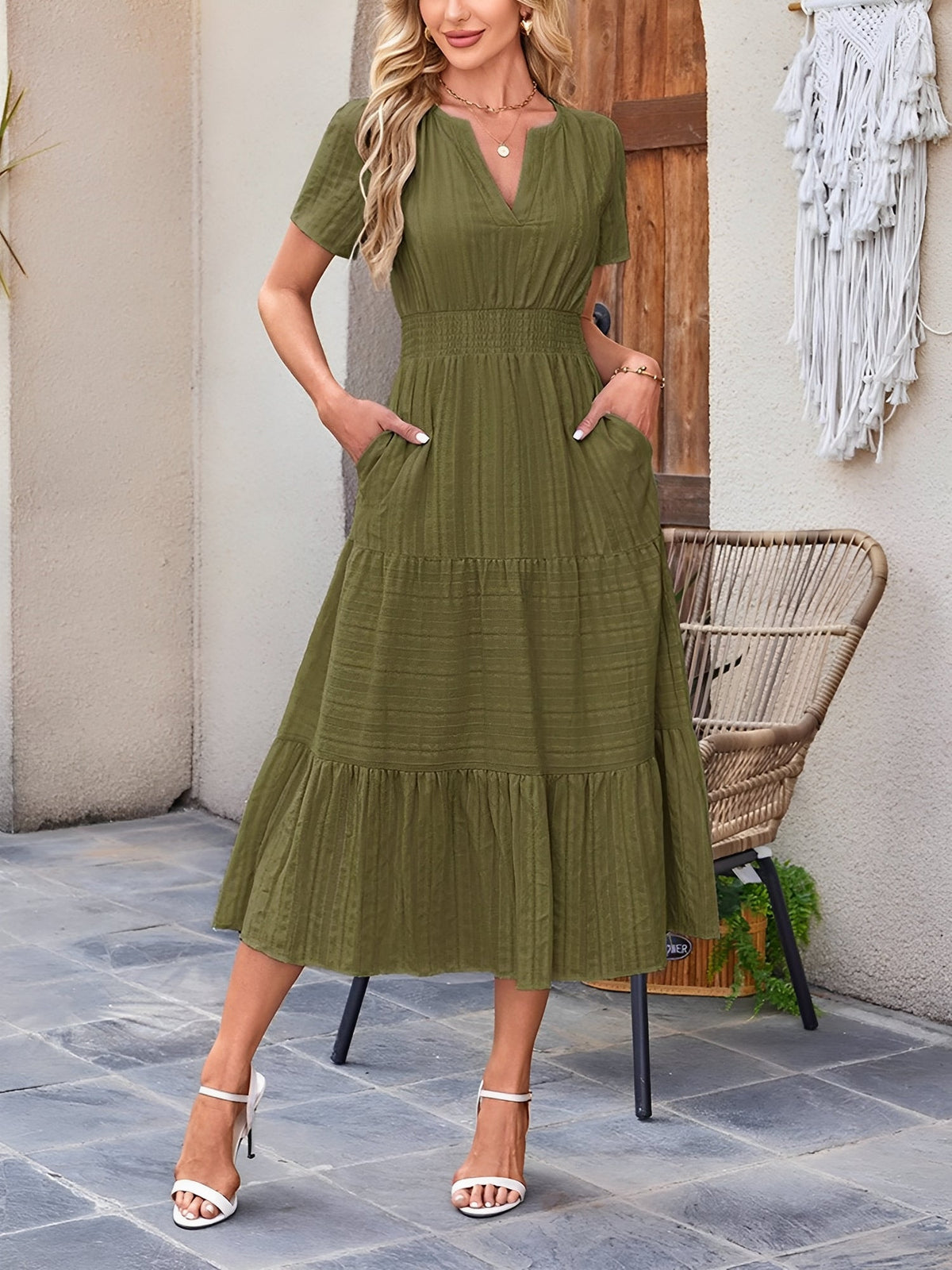 Women's Casual Notch Neck Puff Sleeve Smocked Waist Tiered Midi Dress with Pockets Summer Chic