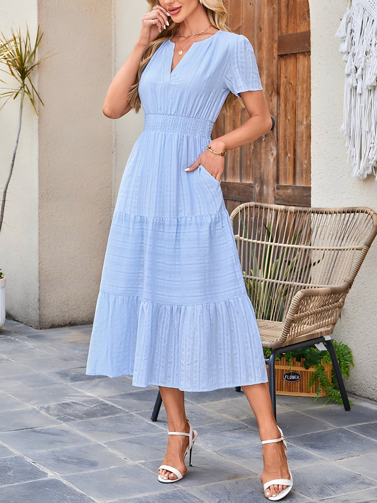 Women's Casual Notch Neck Puff Sleeve Smocked Waist Tiered Midi Dress with Pockets Summer Chic