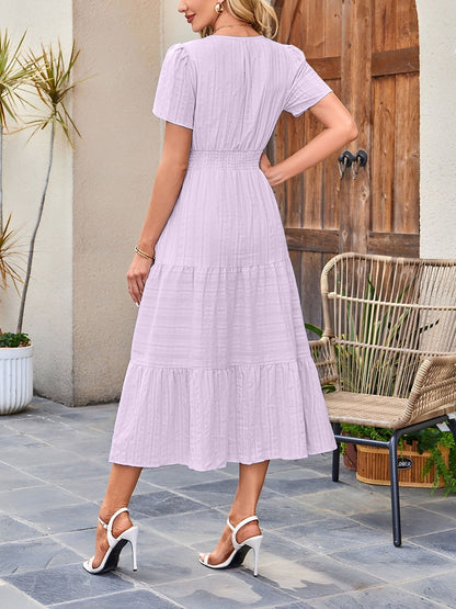 Women's Casual Notch Neck Puff Sleeve Smocked Waist Tiered Midi Dress with Pockets Summer Chic