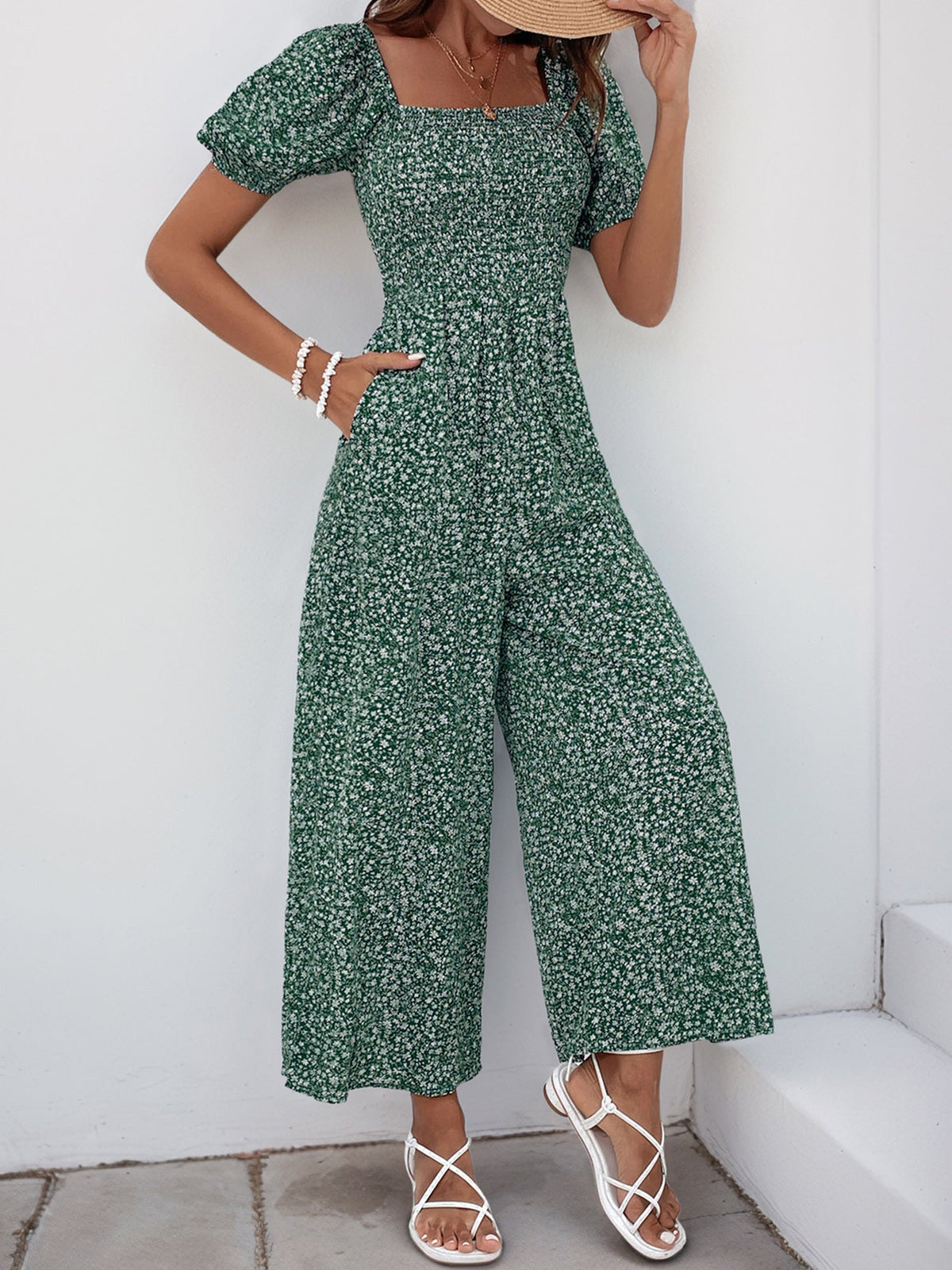 Square Neck Puff Sleeve Printed Smocked Pocketed Wide Legs Jumpsuit