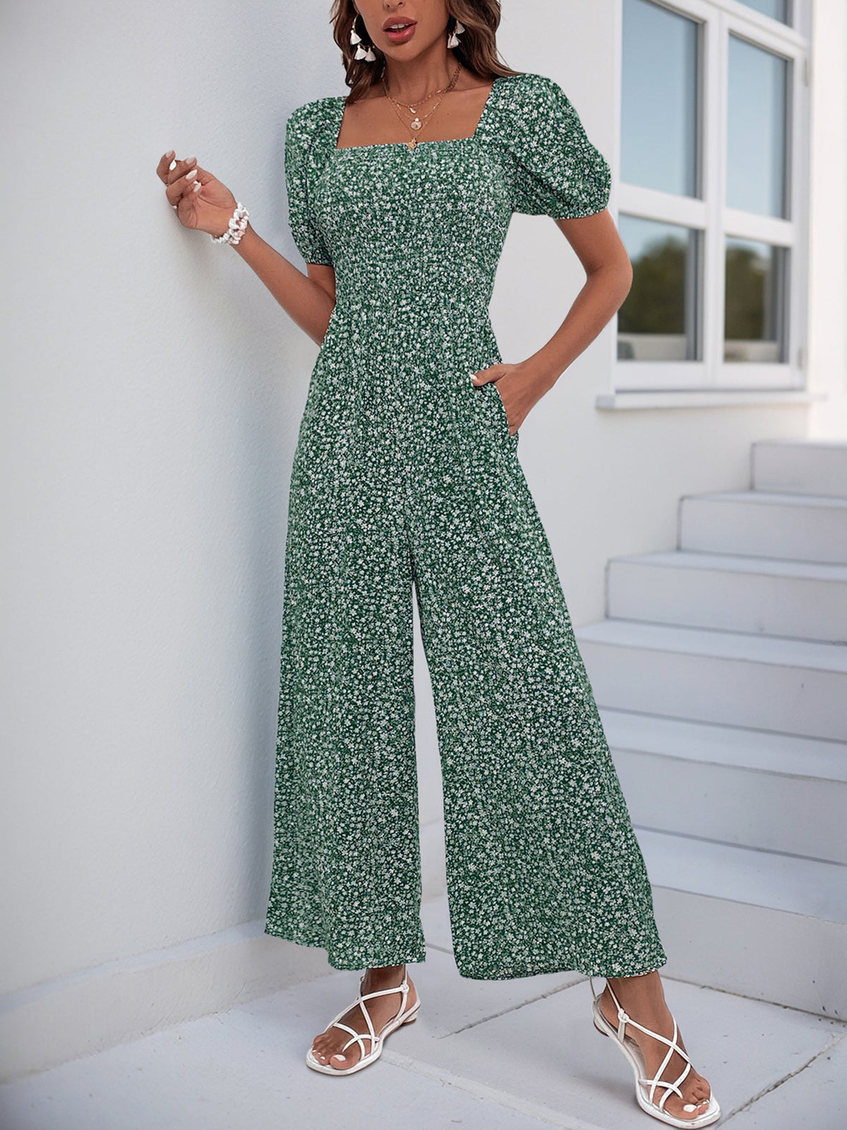 Square Neck Puff Sleeve Printed Smocked Pocketed Wide Legs Jumpsuit