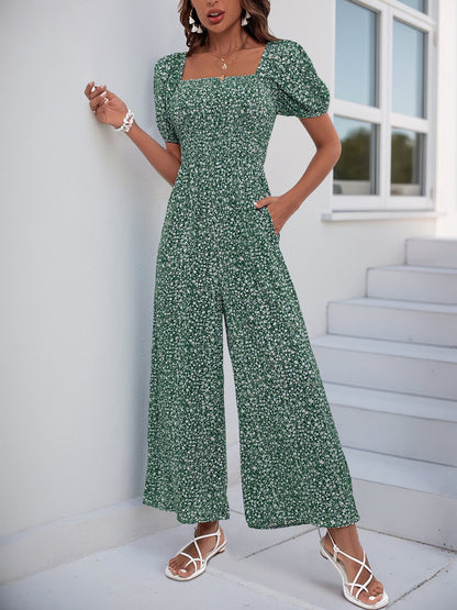 Square Neck Puff Sleeve Printed Smocked Pocketed Wide Legs Jumpsuit