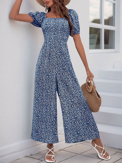 Square Neck Puff Sleeve Printed Smocked Pocketed Wide Legs Jumpsuit