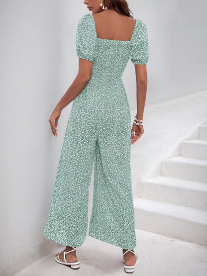 Square Neck Puff Sleeve Printed Smocked Pocketed Wide Legs Jumpsuit