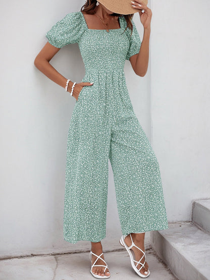 Square Neck Puff Sleeve Printed Smocked Pocketed Wide Legs Jumpsuit