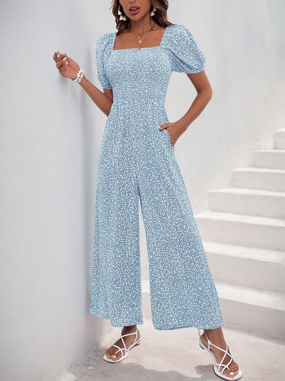 Square Neck Puff Sleeve Printed Smocked Pocketed Wide Legs Jumpsuit
