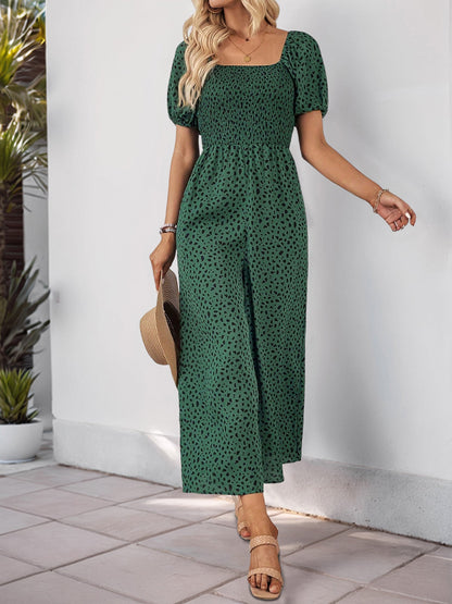 Square Neck Puff Sleeve Printed Smocked Pocketed Wide Legs Jumpsuit