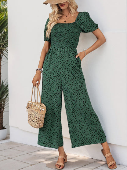 Square Neck Puff Sleeve Printed Smocked Pocketed Wide Legs Jumpsuit