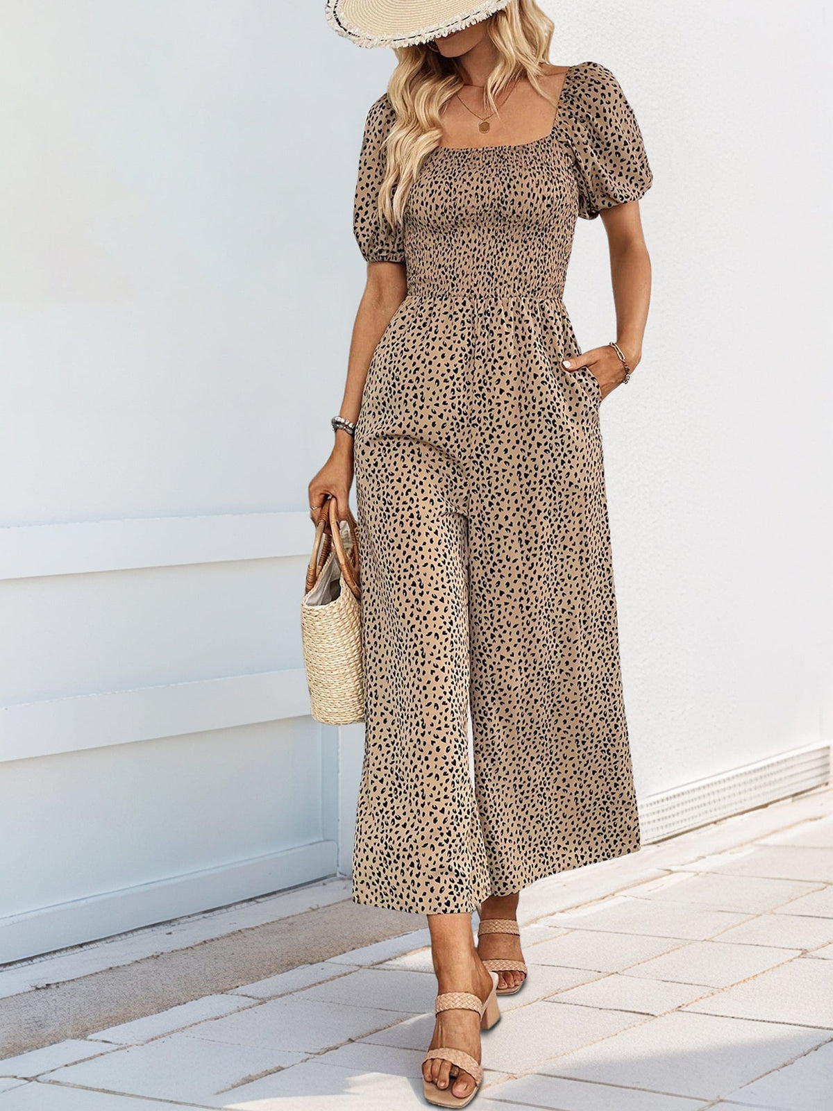 Square Neck Puff Sleeve Printed Smocked Pocketed Wide Legs Jumpsuit