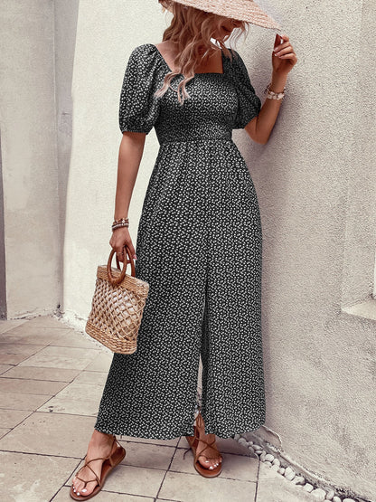 Square Neck Puff Sleeve Printed Smocked Pocketed Wide Legs Jumpsuit