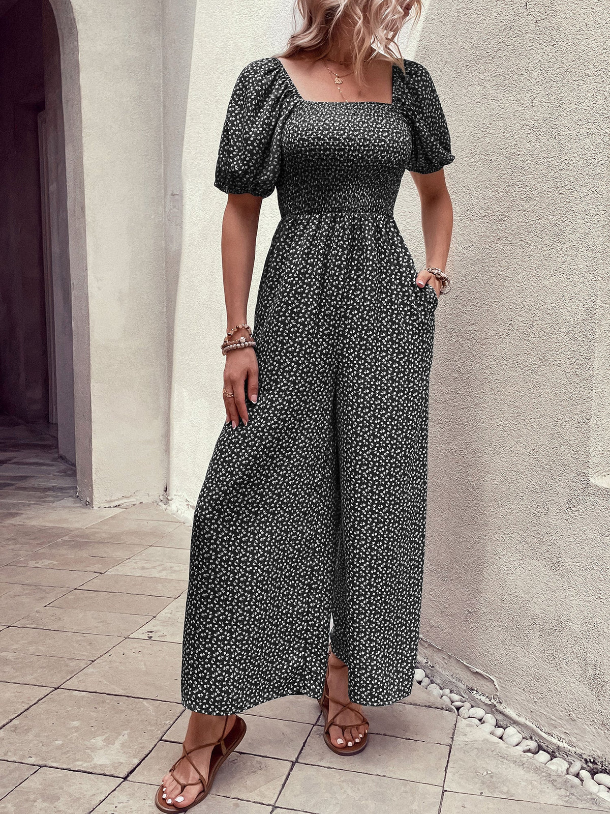 Square Neck Puff Sleeve Printed Smocked Pocketed Wide Legs Jumpsuit