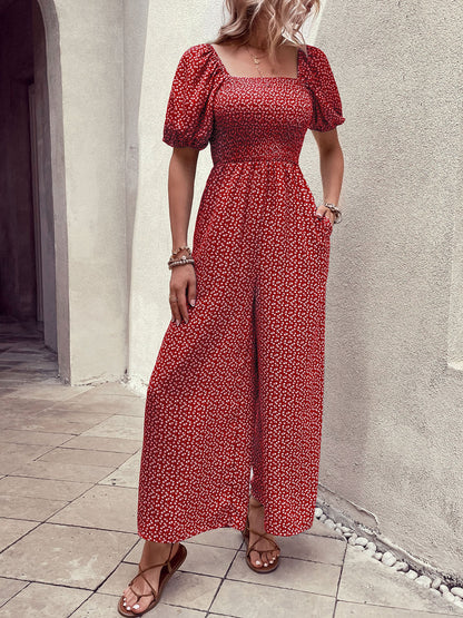 Square Neck Puff Sleeve Printed Smocked Pocketed Wide Legs Jumpsuit