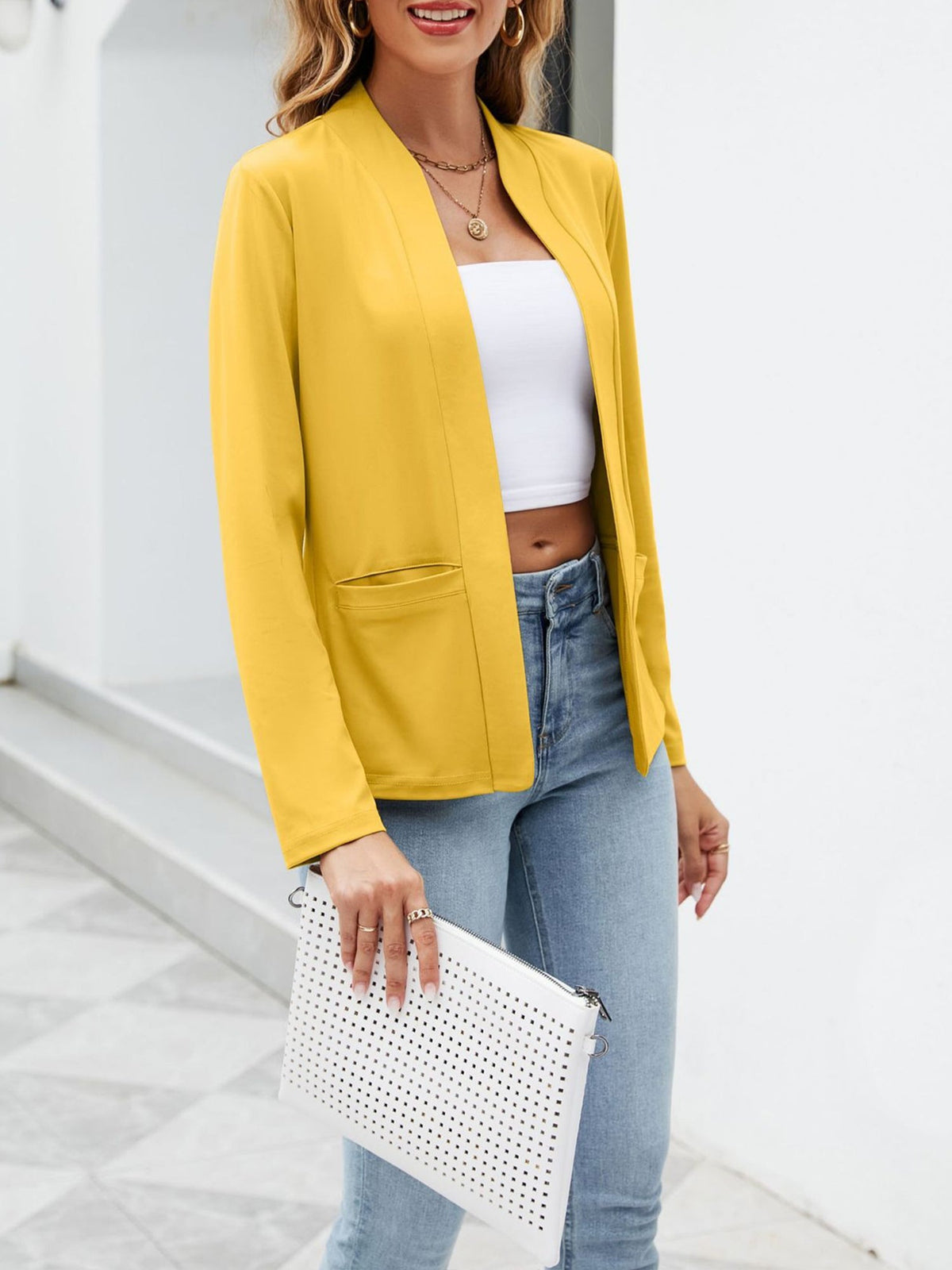 Collarless Open Front Pocketed Long Sleeves Jacket