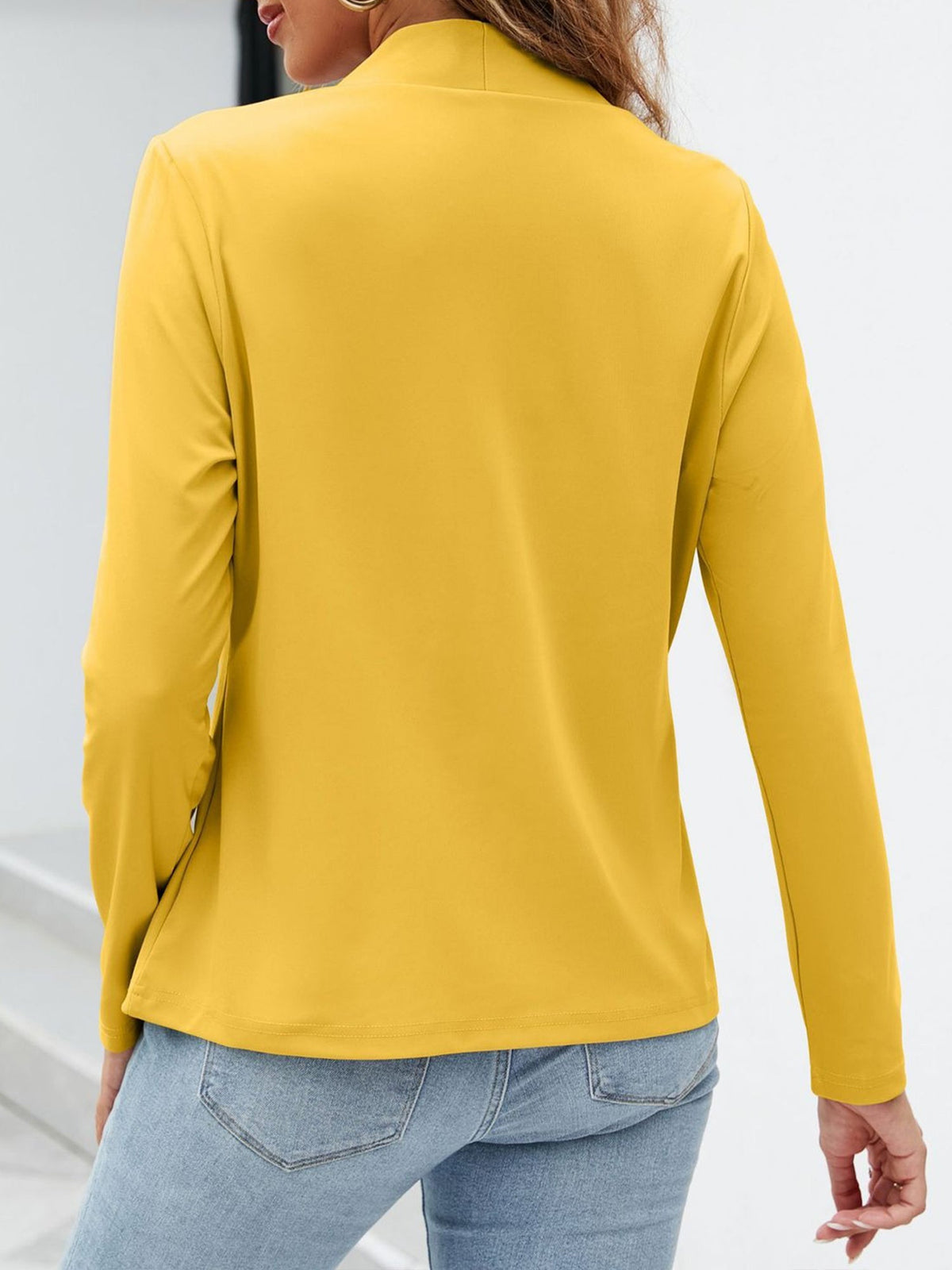 Collarless Open Front Pocketed Long Sleeves Jacket