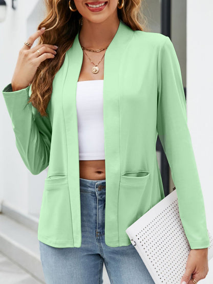 Collarless Open Front Pocketed Long Sleeves Jacket