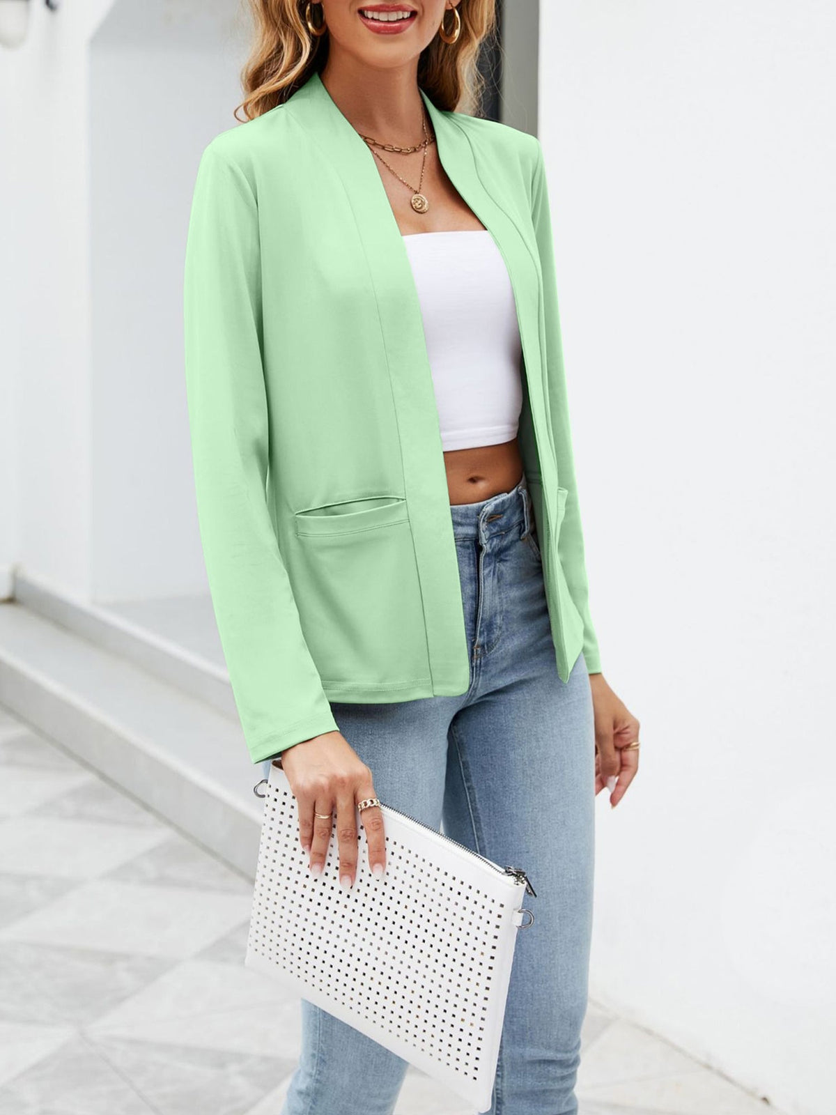 Collarless Open Front Pocketed Long Sleeves Jacket