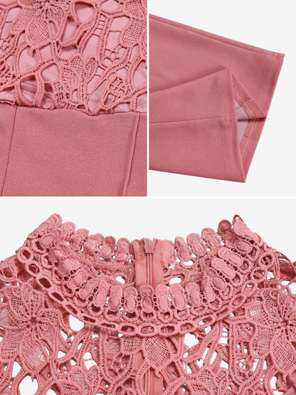 Lace Hollow Short Sleeves High Waist Straight Legs Jumpsuits