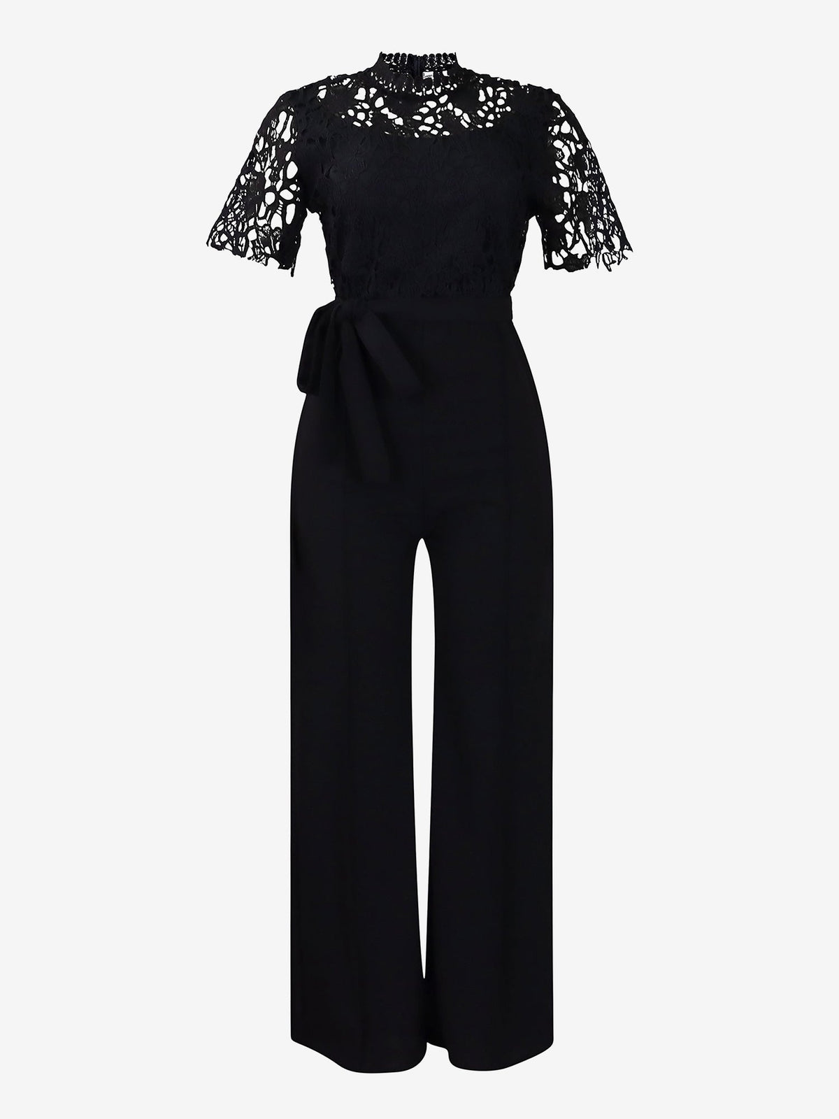 Lace Hollow Short Sleeves High Waist Straight Legs Jumpsuits