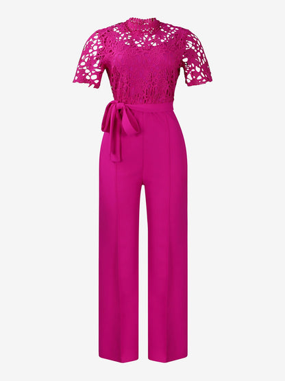 Lace Hollow Short Sleeves High Waist Straight Legs Jumpsuits
