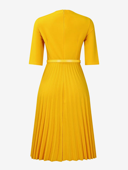 V Neck Short Sleeves Pleated Belted A-Line Midi Dress