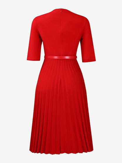 V Neck Short Sleeves Pleated Belted A-Line Midi Dress