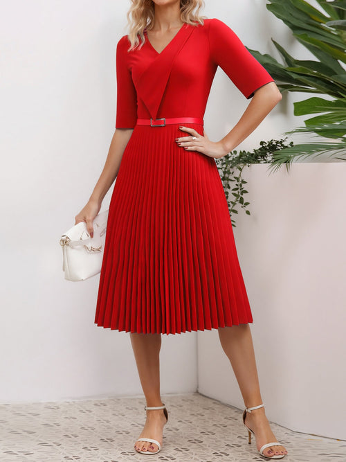 V Neck Short Sleeves Pleated Belted A-Line Midi Dress
