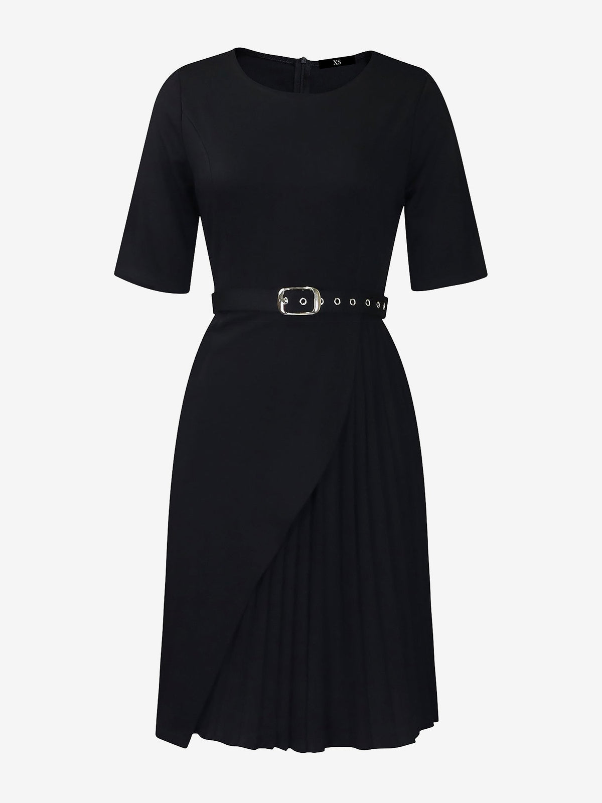 Round Neck Mid Sleeve Pleated Belted A-Line Dress