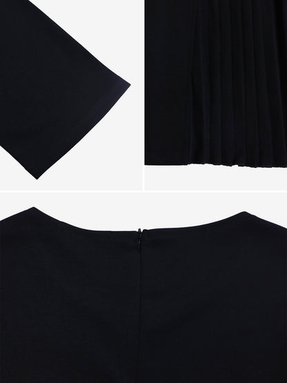 Round Neck Mid Sleeve Pleated Belted A-Line Dress