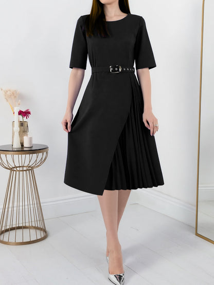 Round Neck Mid Sleeve Pleated Belted A-Line Dress