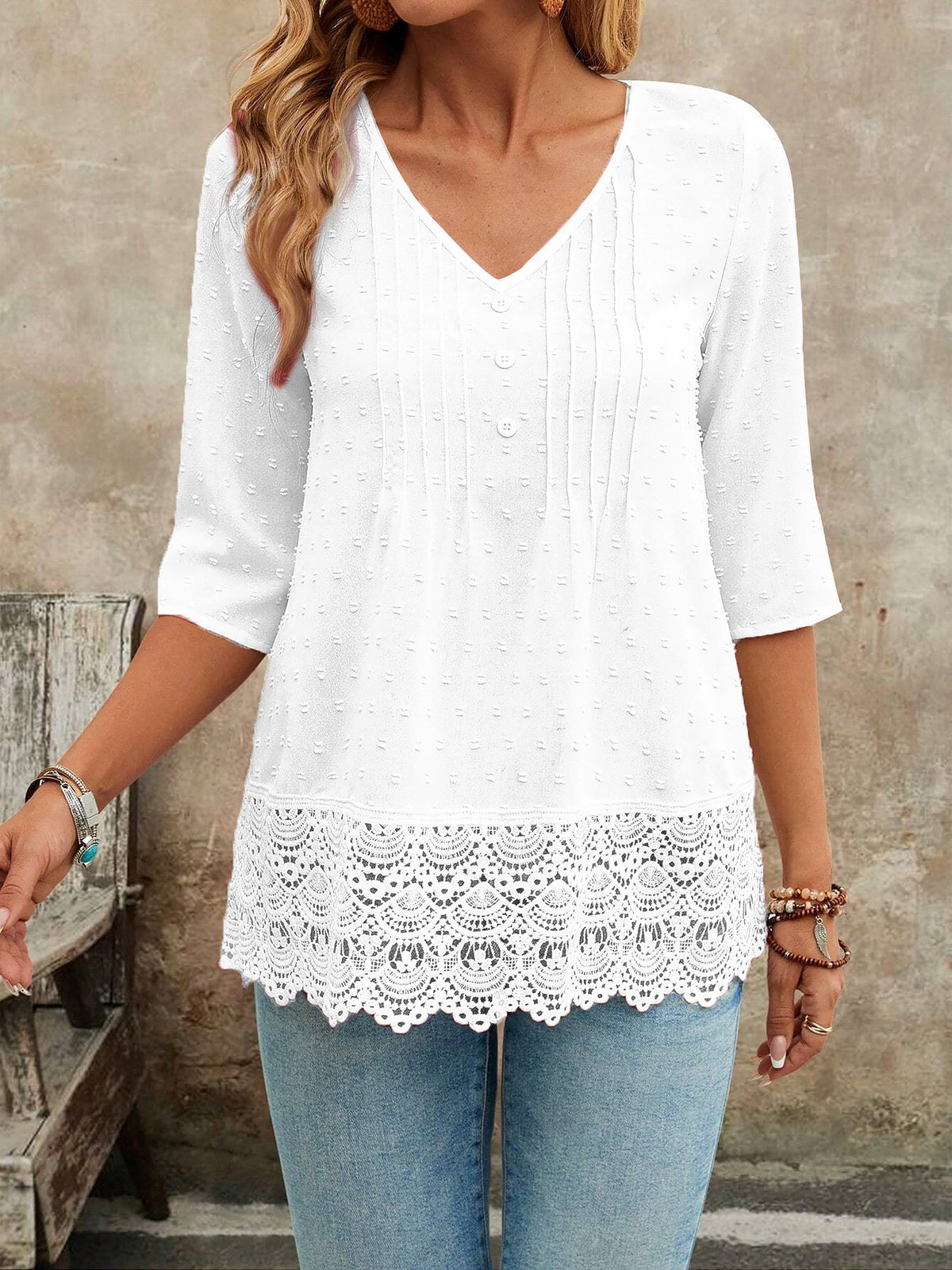 Swiss Dots Lace V Neck 3/4 Sleeves Pleated Blouse