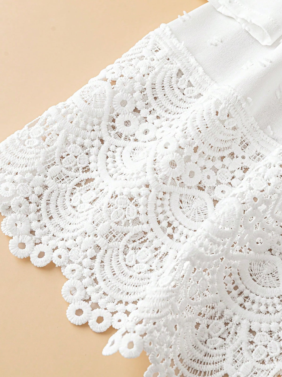 Swiss Dots Lace V Neck 3/4 Sleeves Pleated Blouse