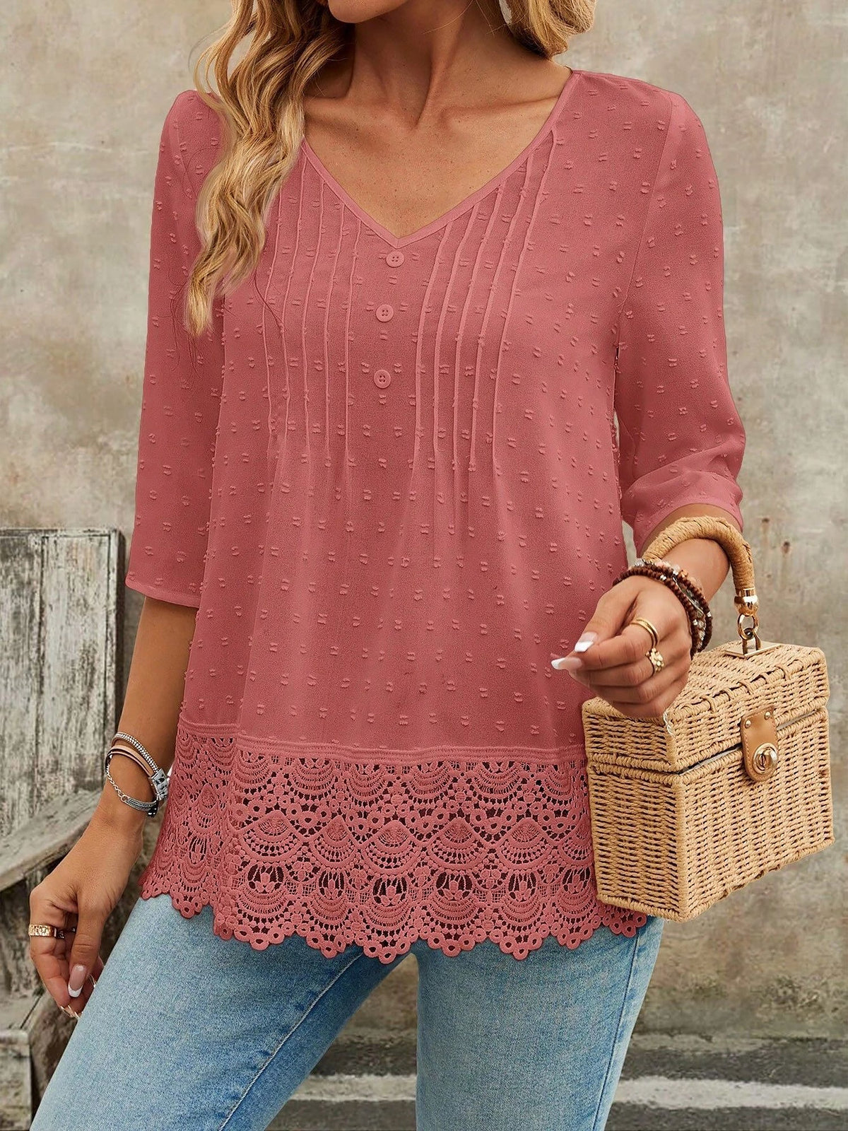 Swiss Dots Lace V Neck 3/4 Sleeves Pleated Blouse