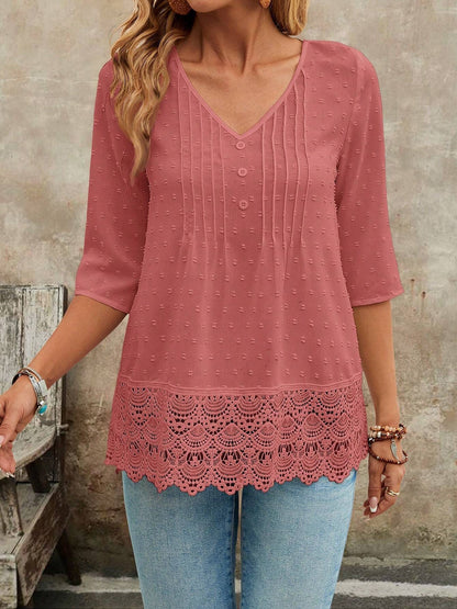 Swiss Dots Lace V Neck 3/4 Sleeves Pleated Blouse